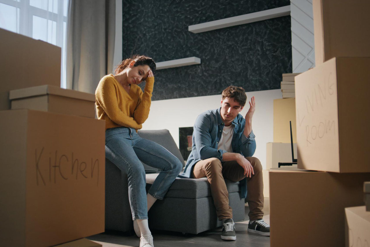 Exhausted spouses moving apartment tired married couple sitting couch new home 723208 28937